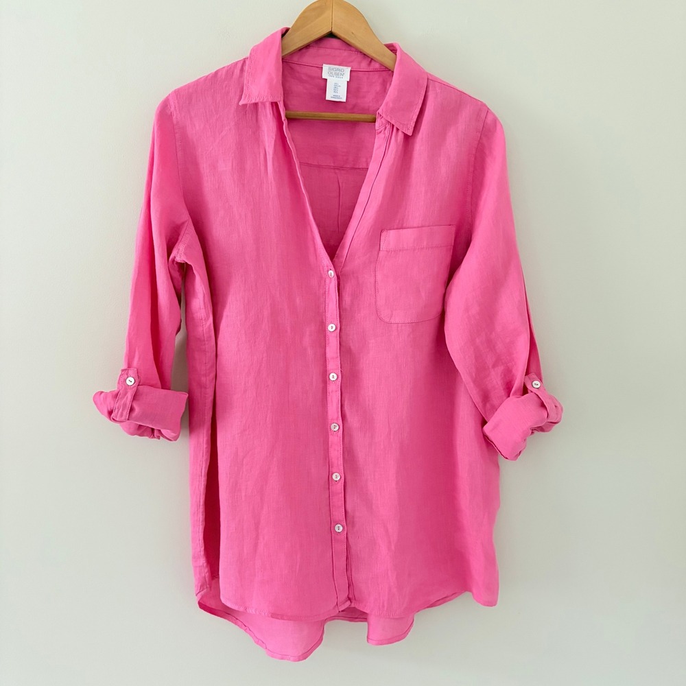 Sigrid Olsen Shirt Large Pink Linen Button Down Roll Tab Tunic Long Sleeve Top - Picture 2 of 8